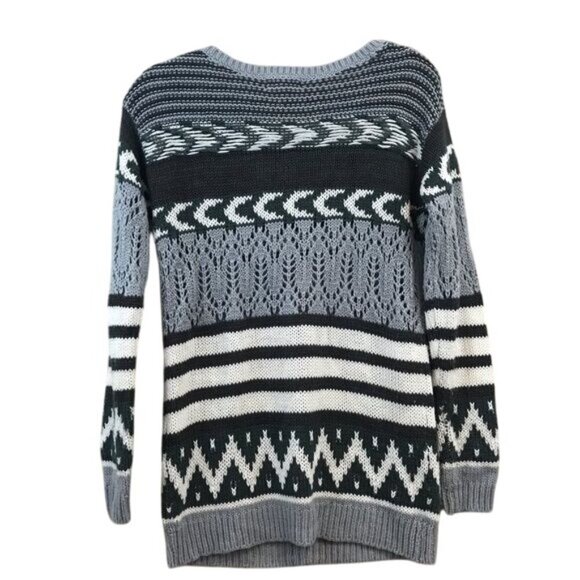 Sun & Shadow Size S Longline Open Knit Gray White Patterned Pullover Sweater - Picture 2 of 8
